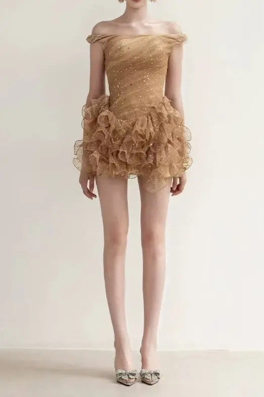 Veronic Romantic Embellished Sleeveless Ruffle Sequin Mini Dress Avalabel