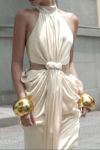 stephanie Cutout Waist halter Maxi Dress in beige Avalabel
