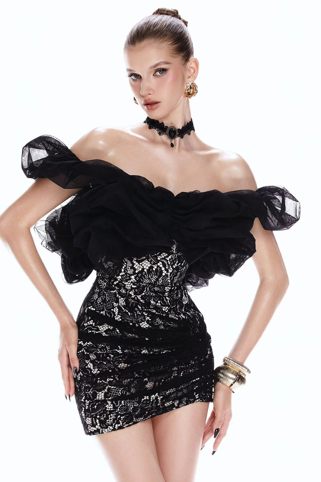 freda off-shoulder Lace pleated bodycon mini dress in black Avalabel