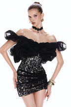 freda off-shoulder Lace pleated bodycon mini dress in black Avalabel