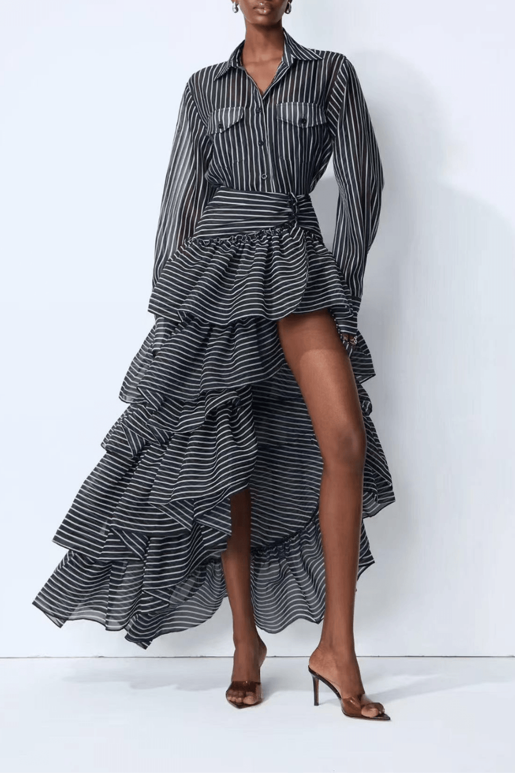 Ester Striped High Low Ruffle Shirt Dress Avalabel