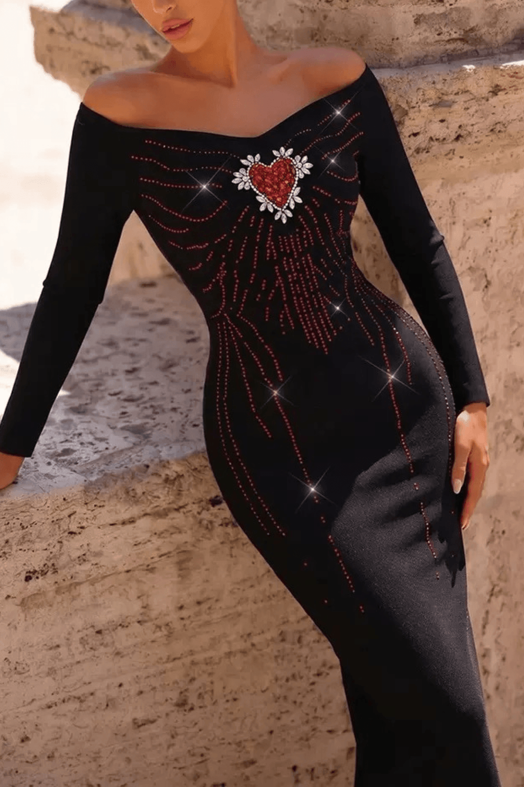 Wendy Black Off‑Shoulder Rhinestone Heart Midi Dress Avalabel