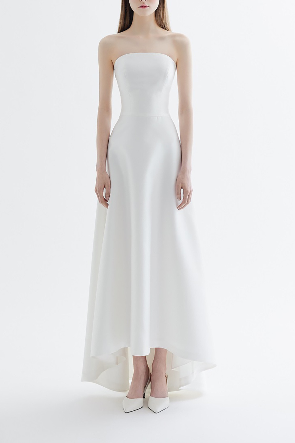Nicole White Satin Strapless High‑Low Maxi Dress Avalabel