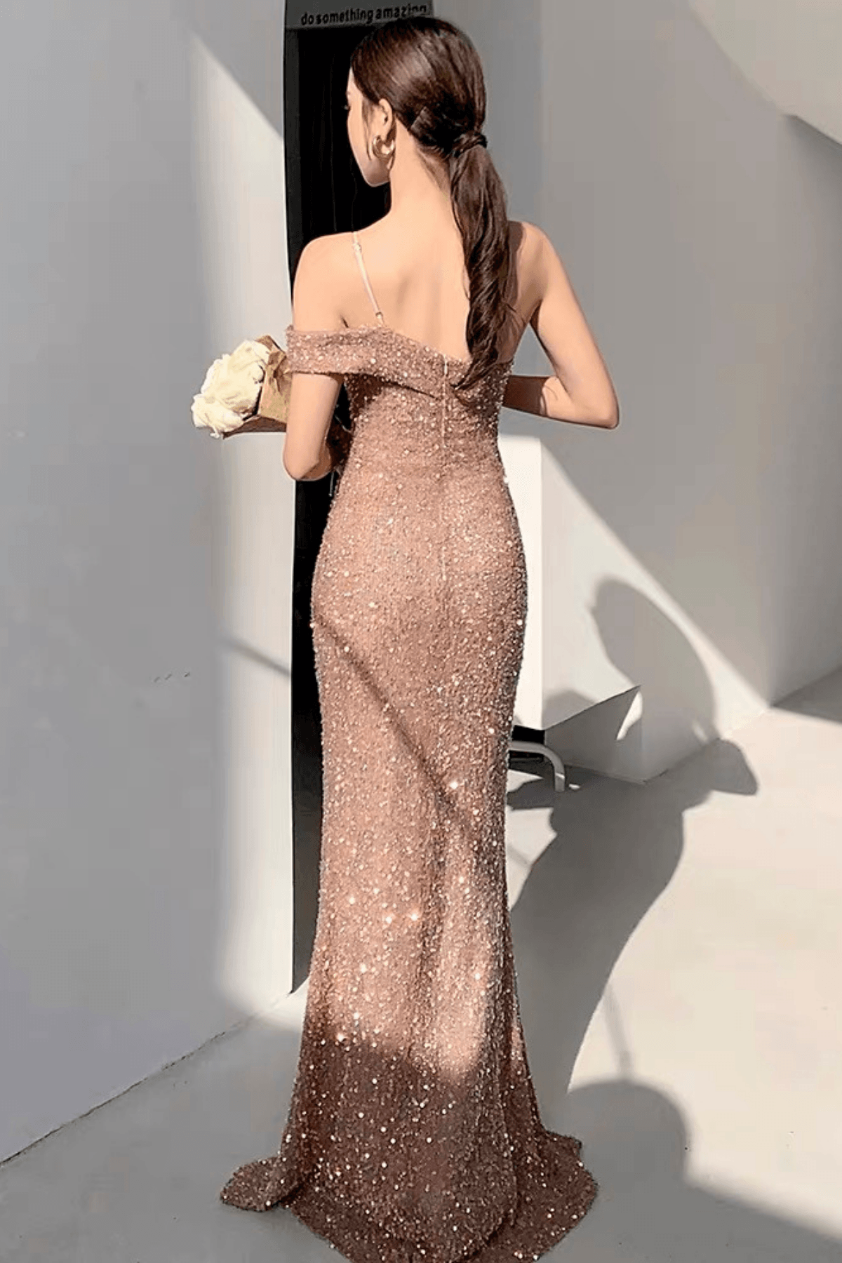 Elaina Asymmetrical Off Shoulder Glitter Sequin Slit Mermaid Train Maxi Dress Avalabel