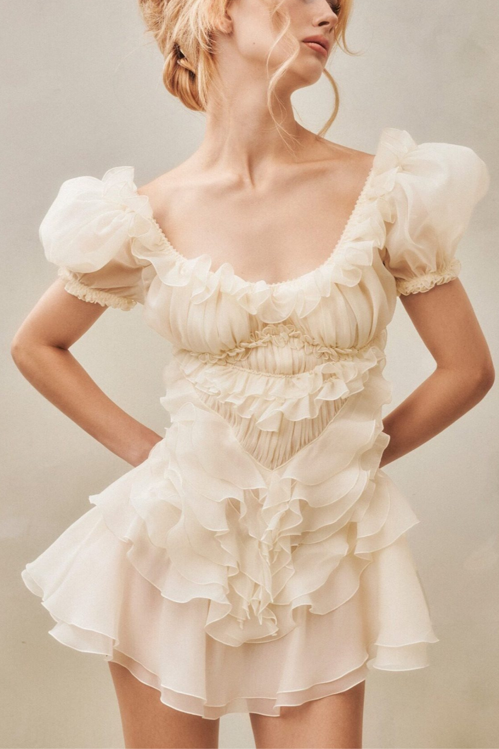 Puff Sleeve Ruffle Chiffon Mini White Dress Avalabel