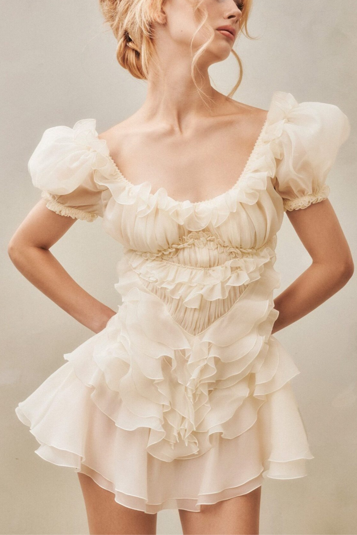 Puff Sleeve Ruffle Chiffon Mini White Dress Avalabel