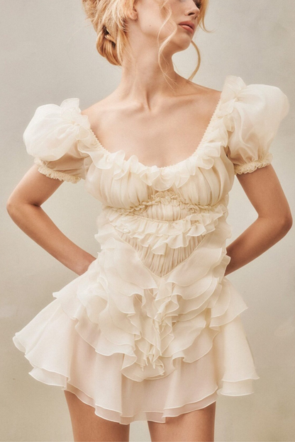 Puff Sleeve Ruffle Chiffon Mini White Dress Avalabel