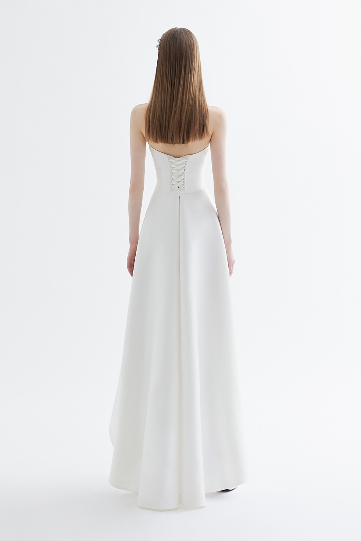 Nicole White Satin Strapless High‑Low Maxi Dress Avalabel