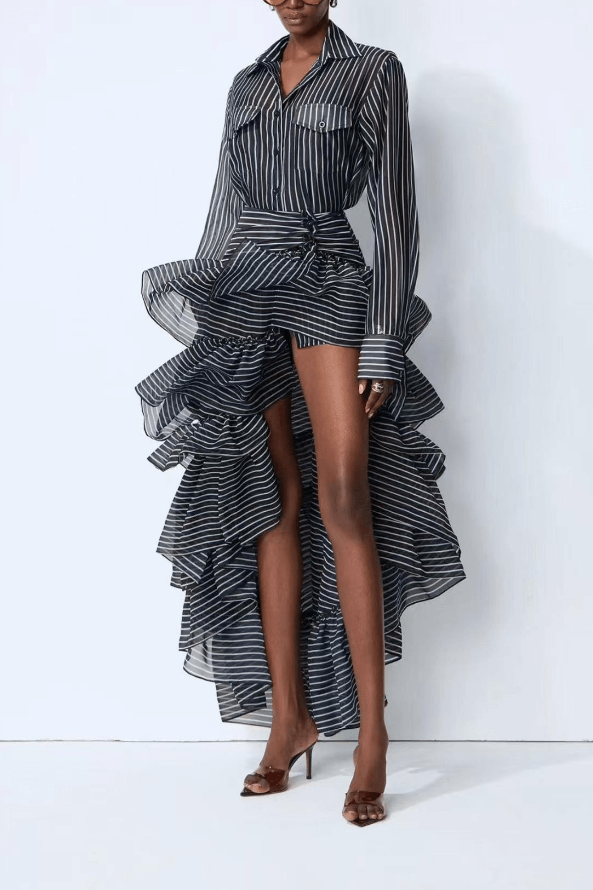 Ester Striped High Low Ruffle Shirt Dress Avalabel