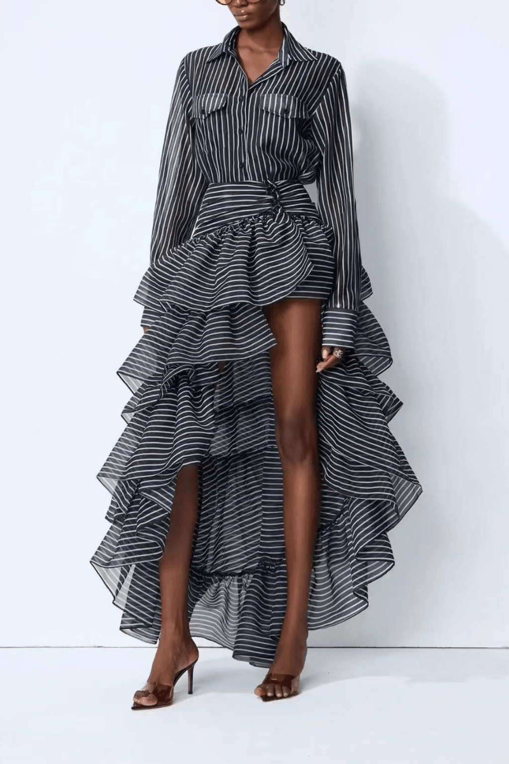 Ester Striped High Low Ruffle Shirt Dress Avalabel