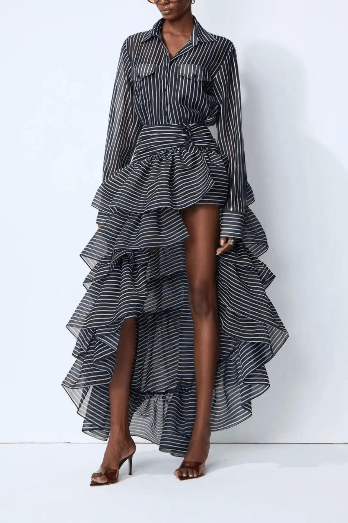 Ester Striped High Low Ruffle Shirt Dress Avalabel