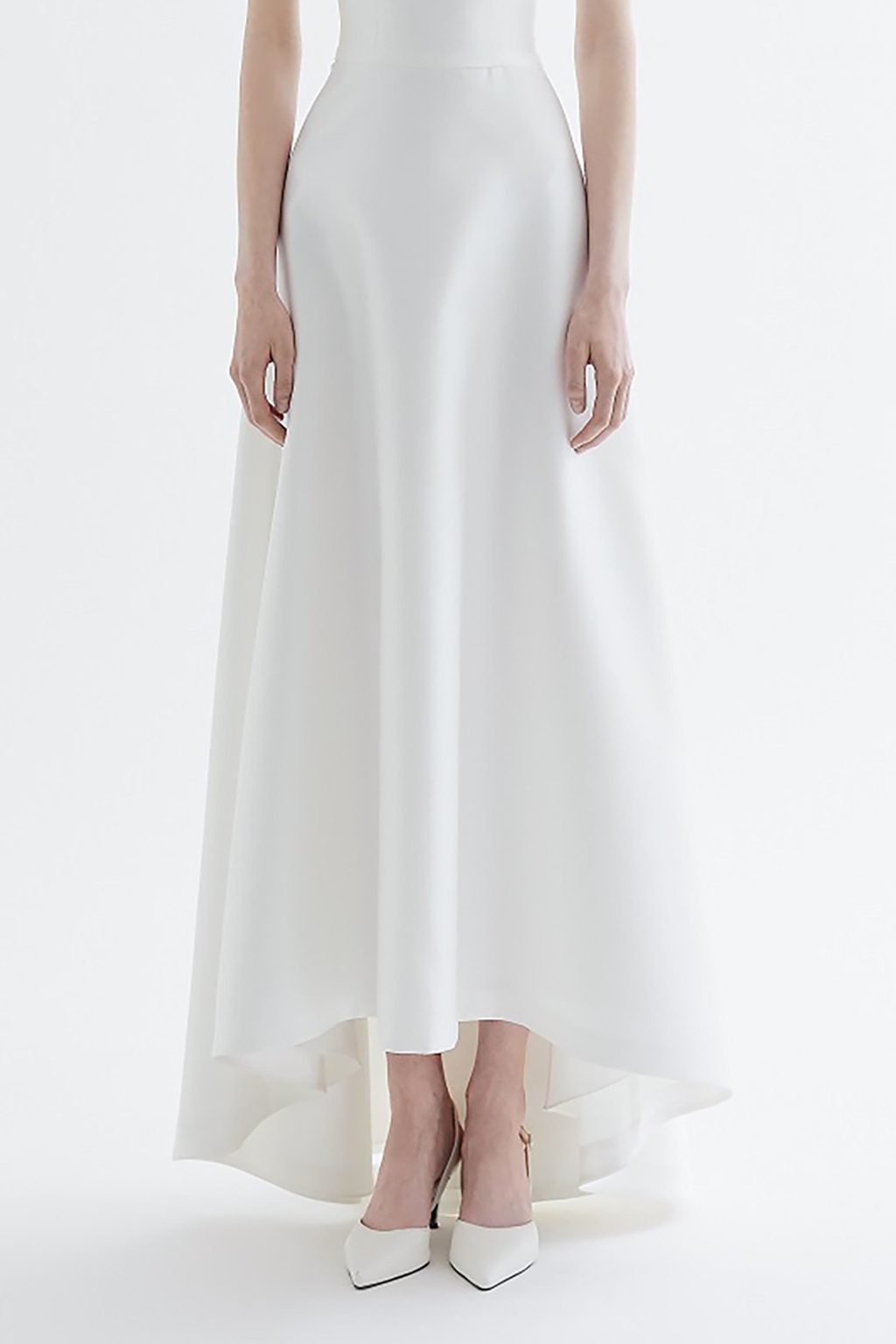 Nicole White Satin Strapless High‑Low Maxi Dress Avalabel