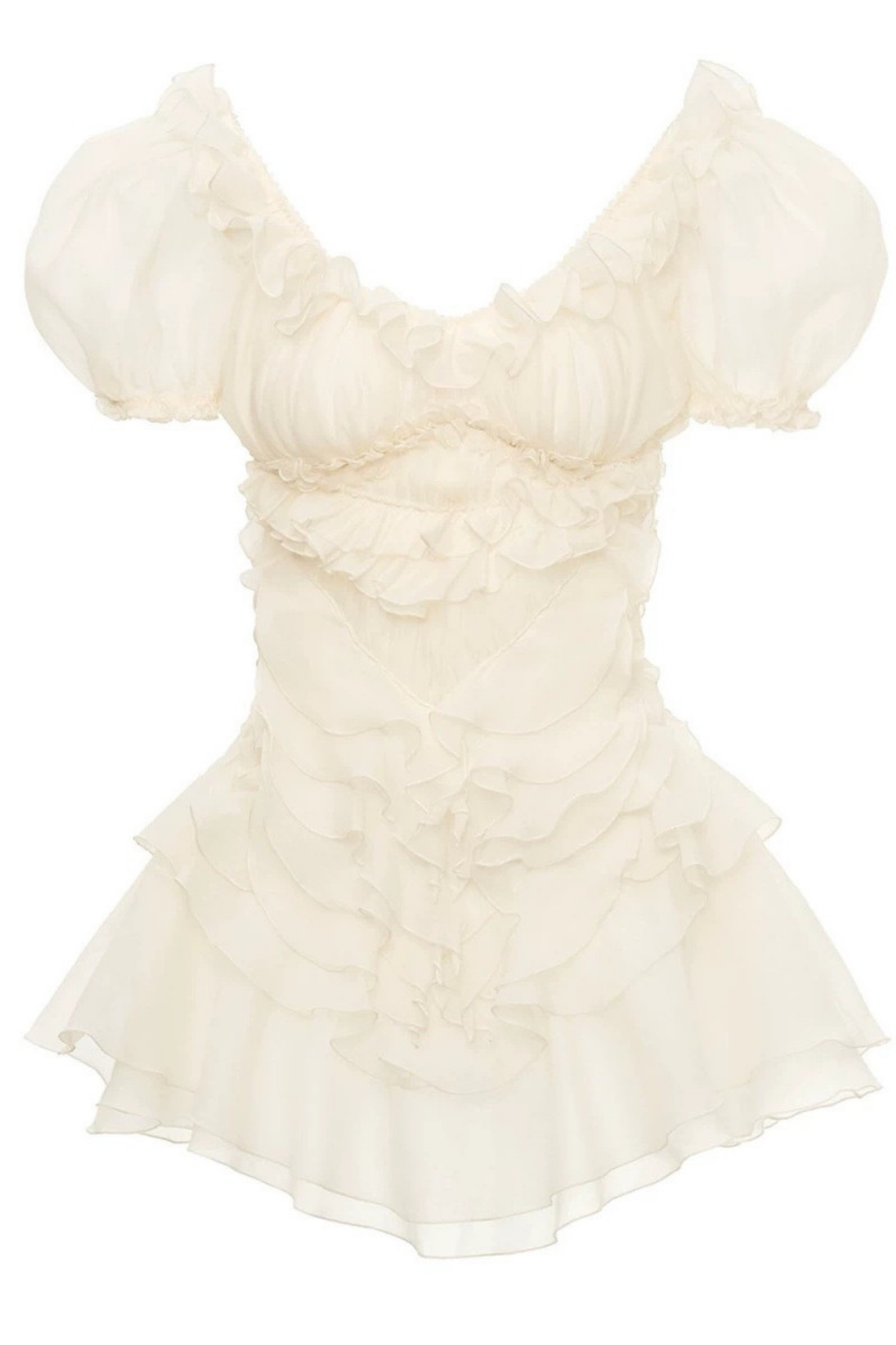 Puff Sleeve Ruffle Chiffon Mini White Dress Avalabel
