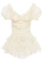 Puff Sleeve Ruffle Chiffon Mini White Dress Avalabel