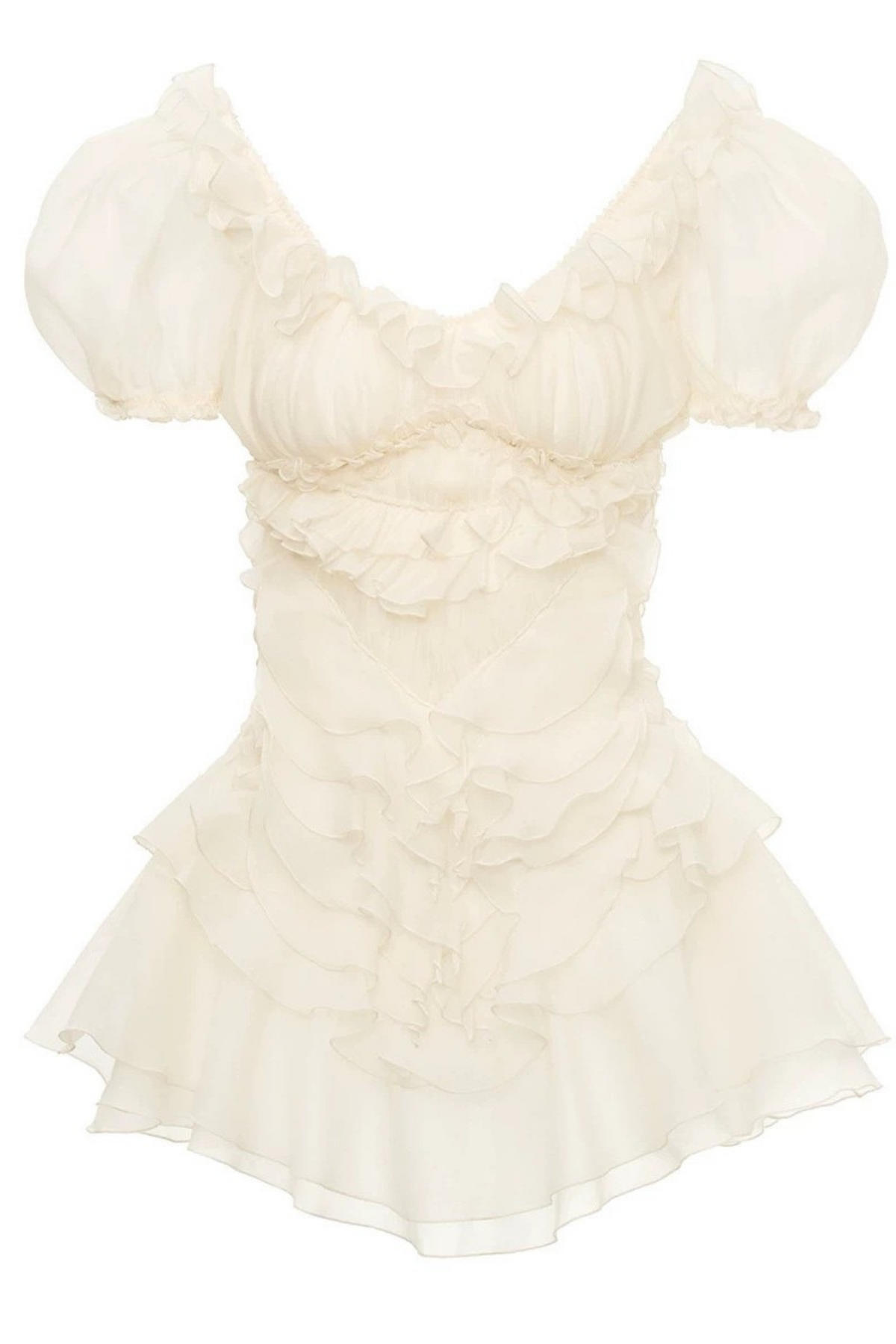 Puff Sleeve Ruffle Chiffon Mini White Dress Avalabel