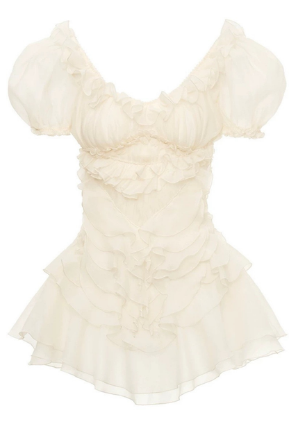 Puff Sleeve Ruffle Chiffon Mini White Dress Avalabel