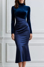 Maren Velvet Satin High Neck Long Sleeve Ruched Dress Avalabel