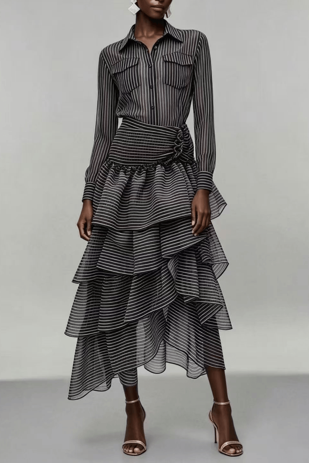 Ester Striped High Low Ruffle Shirt Dress Avalabel