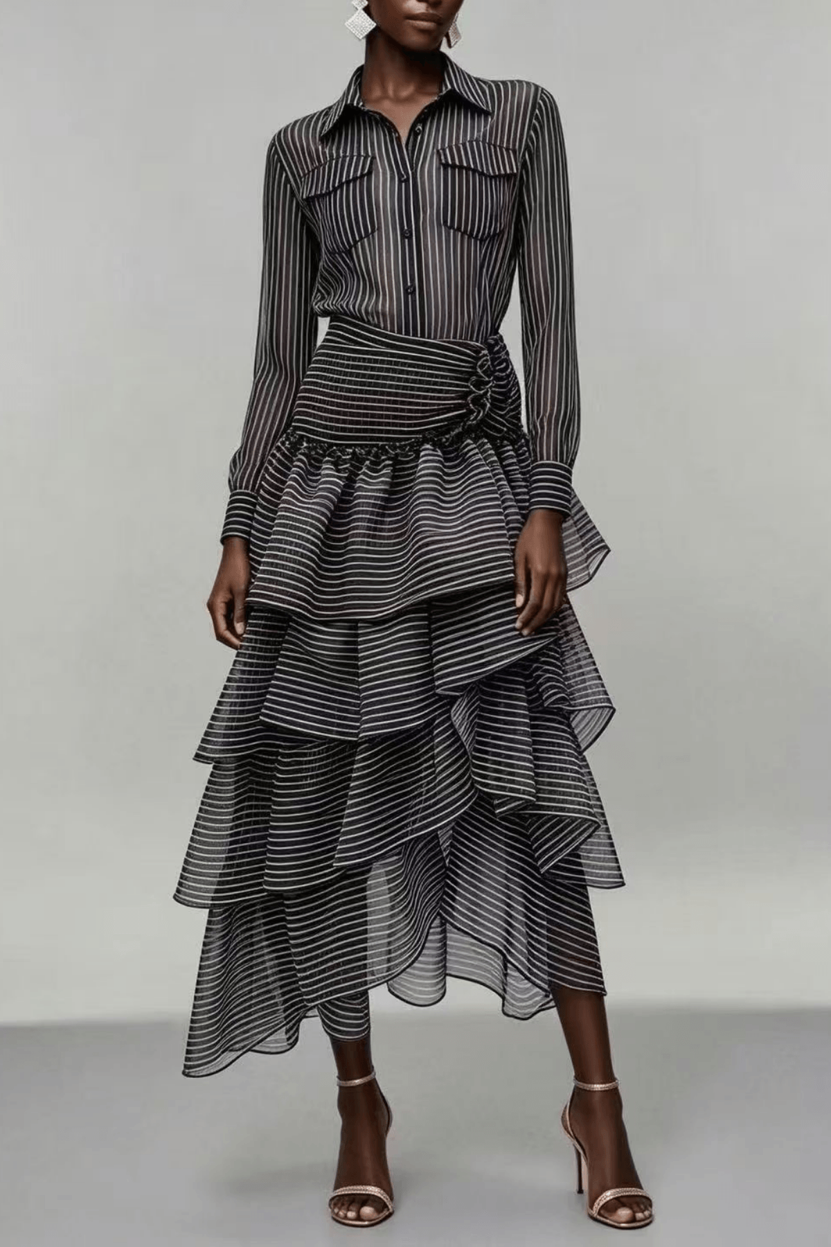 Ester Striped High Low Ruffle Shirt Dress Avalabel