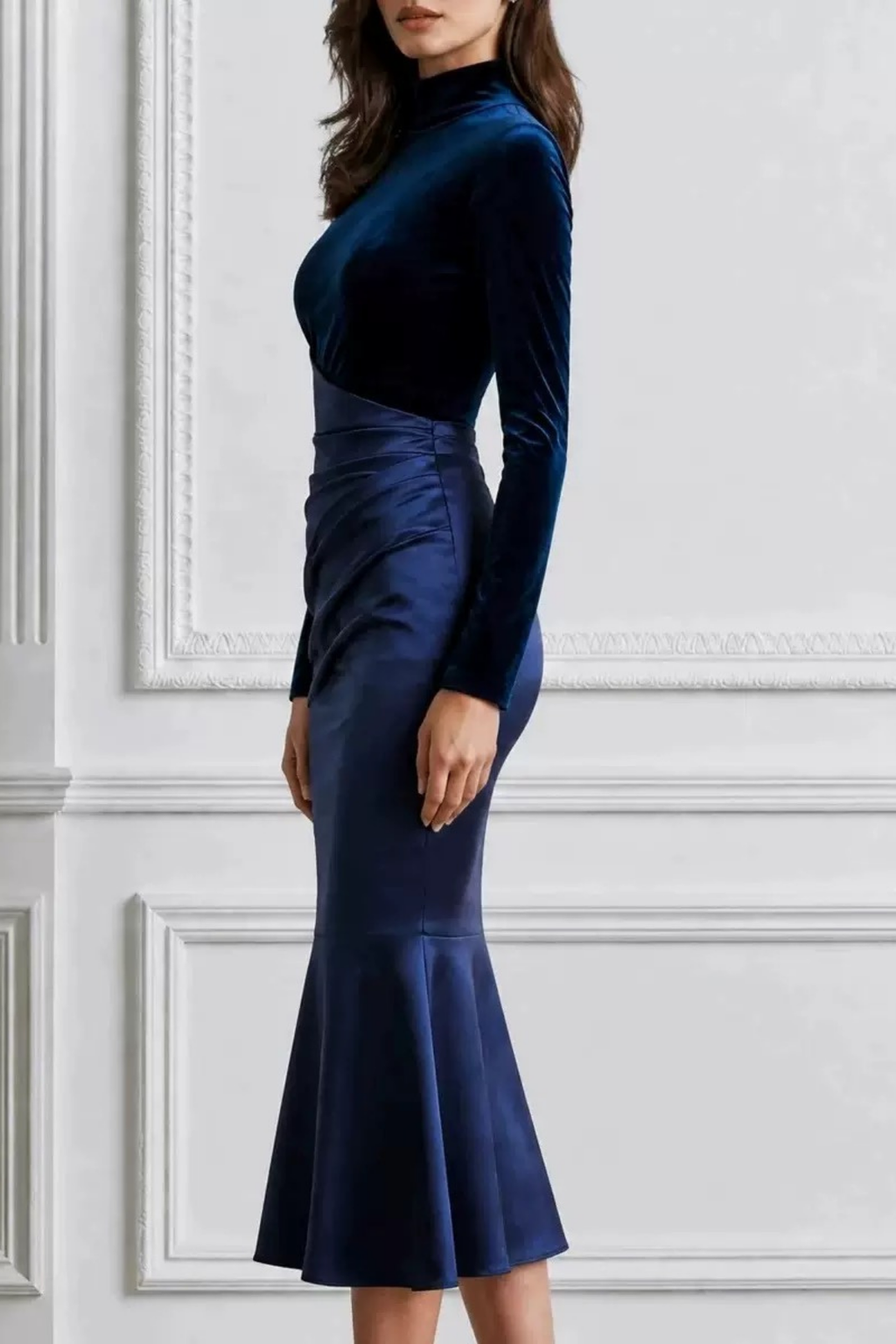 Maren Velvet Satin High Neck Long Sleeve Ruched Dress Avalabel