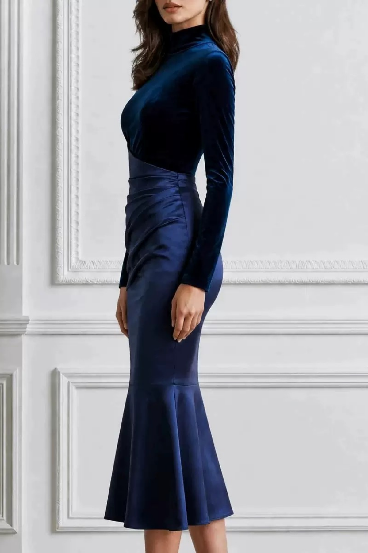 Maren Velvet Satin High Neck Long Sleeve Ruched Dress Avalabel