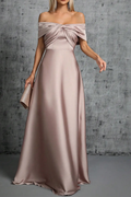 Rita Dusty Pink Satin Off‑Shoulder Twist Dress Avalabel