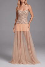 Yuki Strapless Rhinestone Grid Bodice Sheer Tulle Dress Avalabel