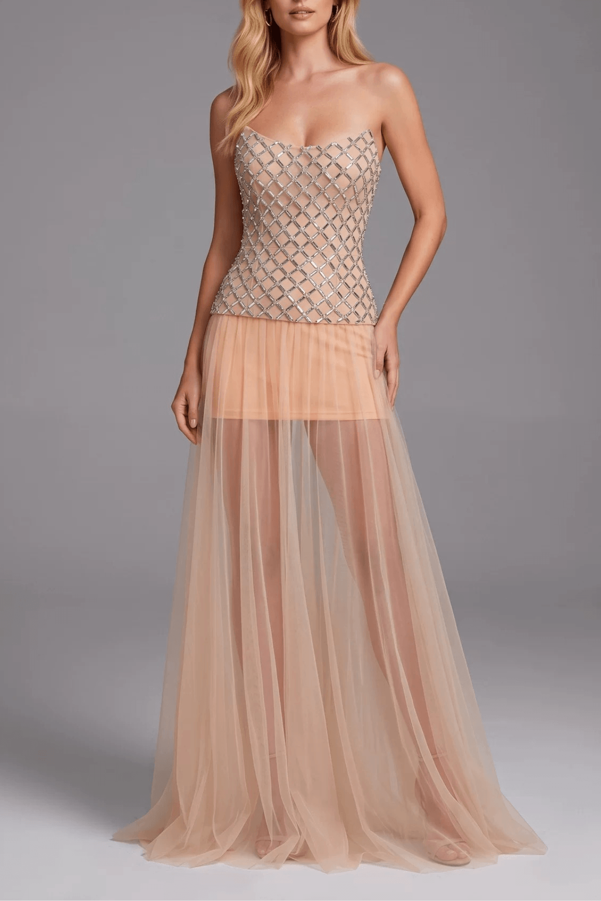 Yuki Strapless Rhinestone Grid Bodice Sheer Tulle Dress Avalabel