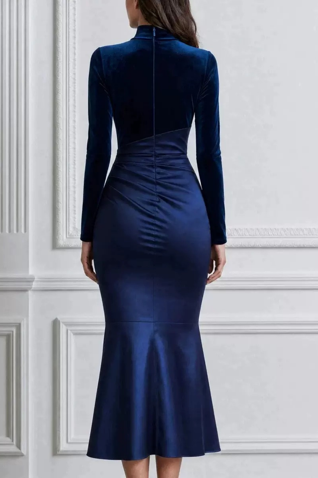 Maren Velvet Satin High Neck Long Sleeve Ruched Dress Avalabel