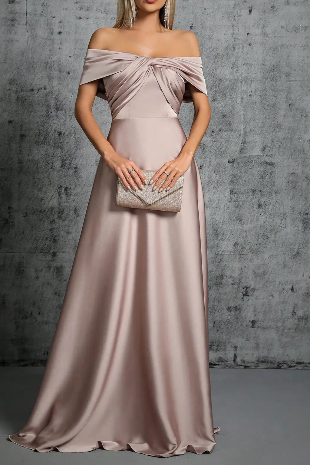 Rita Dusty Pink Satin Off‑Shoulder Twist Dress Avalabel