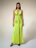 Alyshea Halterneck Ruched Maxi Dress In Neon Yellow Avalabel