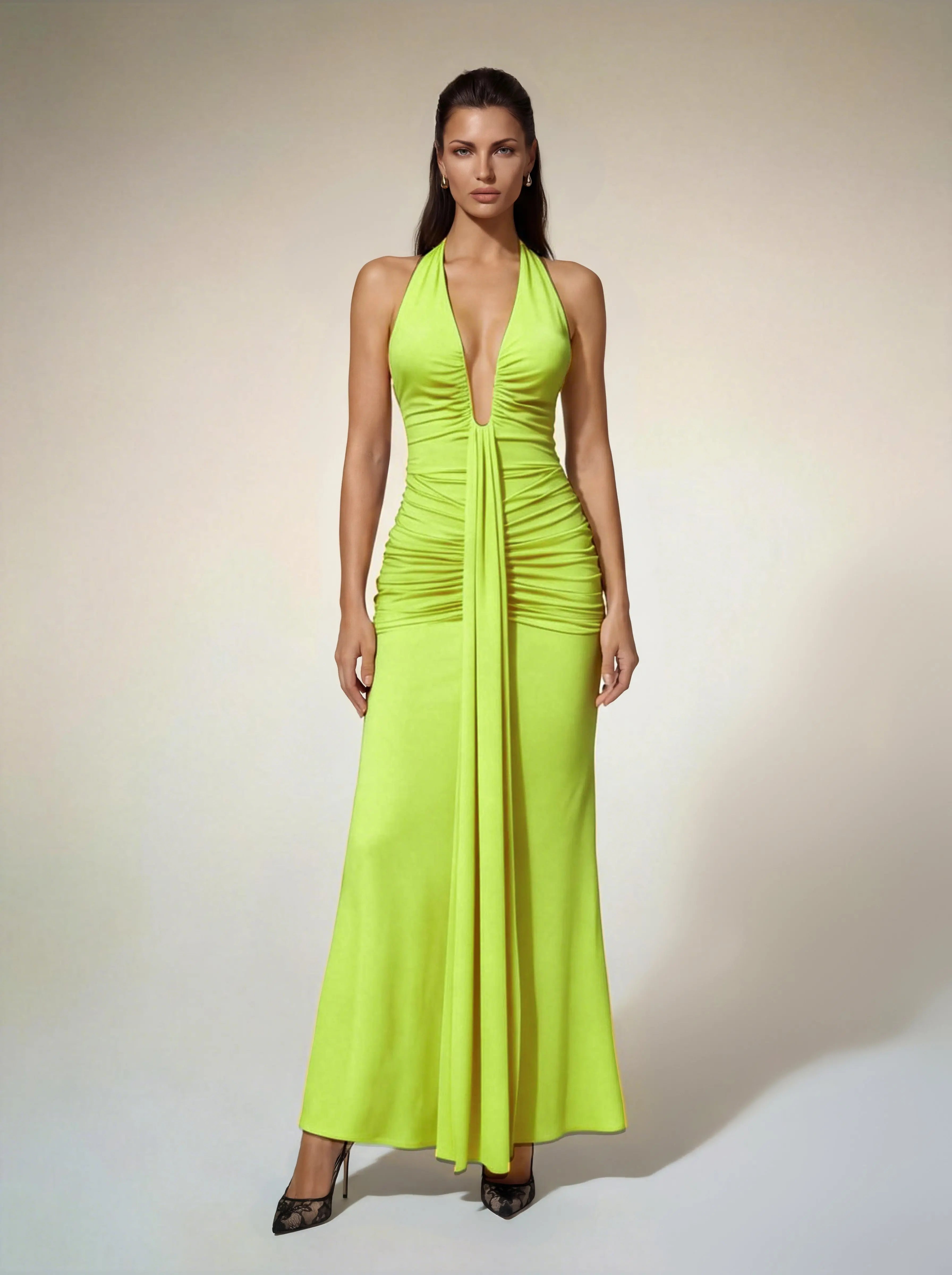 Alyshea Halterneck Ruched Maxi Dress In Neon Yellow Avalabel