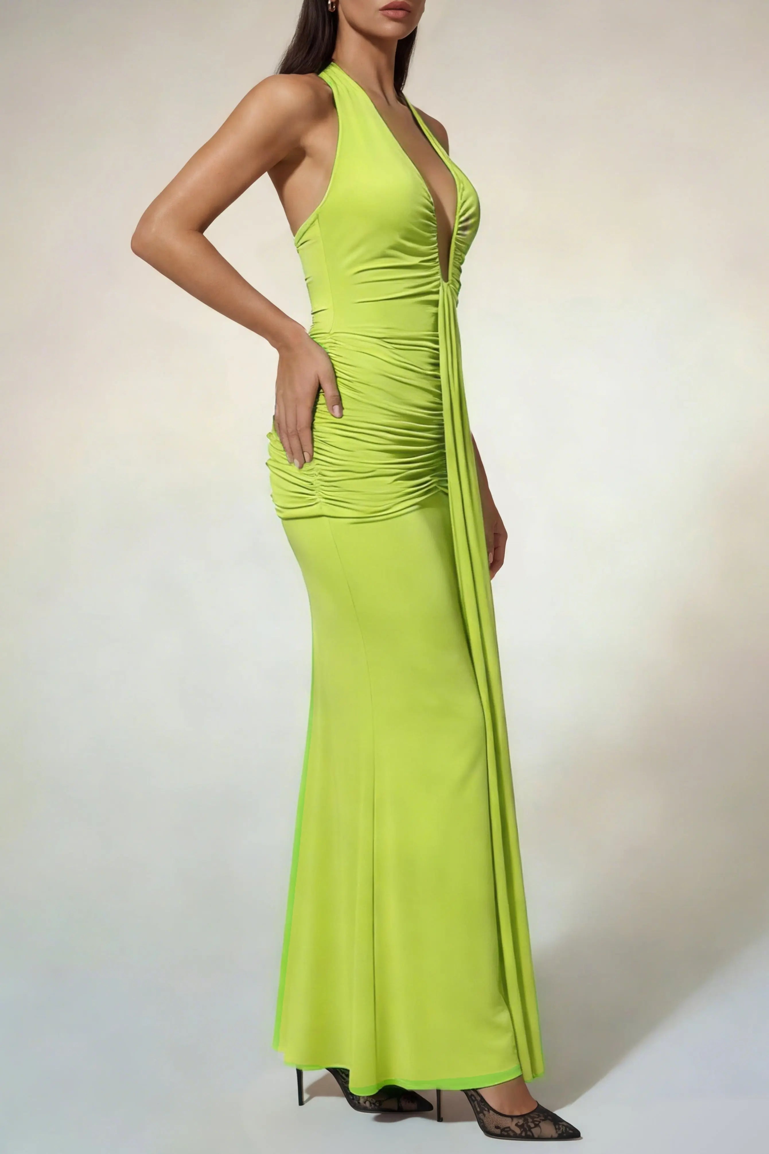 Alyshea Halterneck Ruched Maxi Dress In Neon Yellow Avalabel