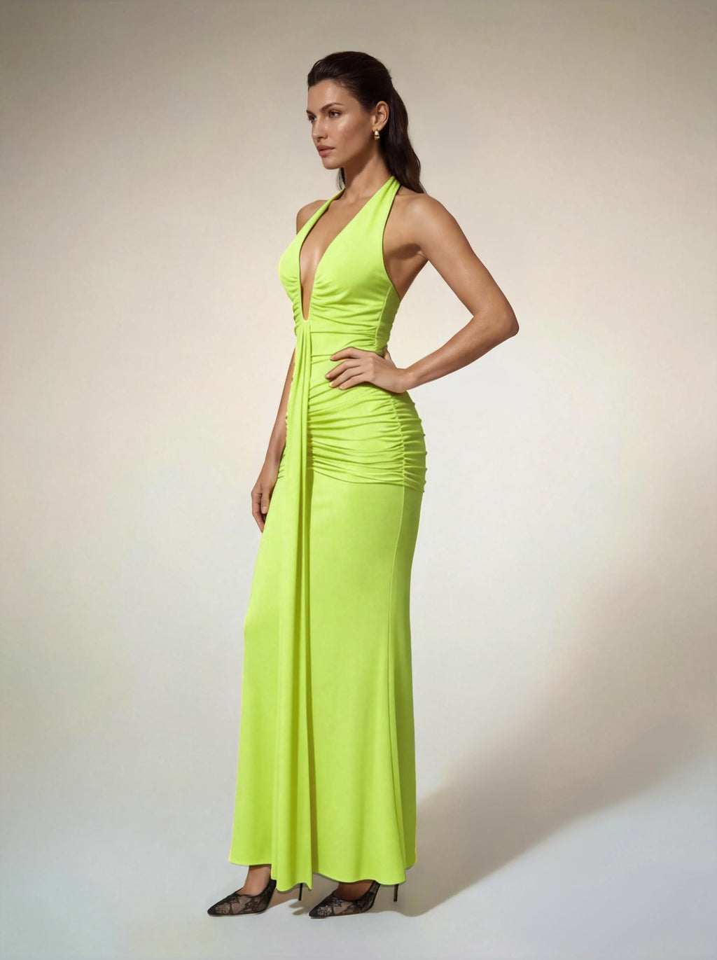 Alyshea Halterneck Ruched Maxi Dress In Neon Yellow Avalabel