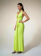 Alyshea Halterneck Ruched Maxi Dress In Neon Yellow Avalabel