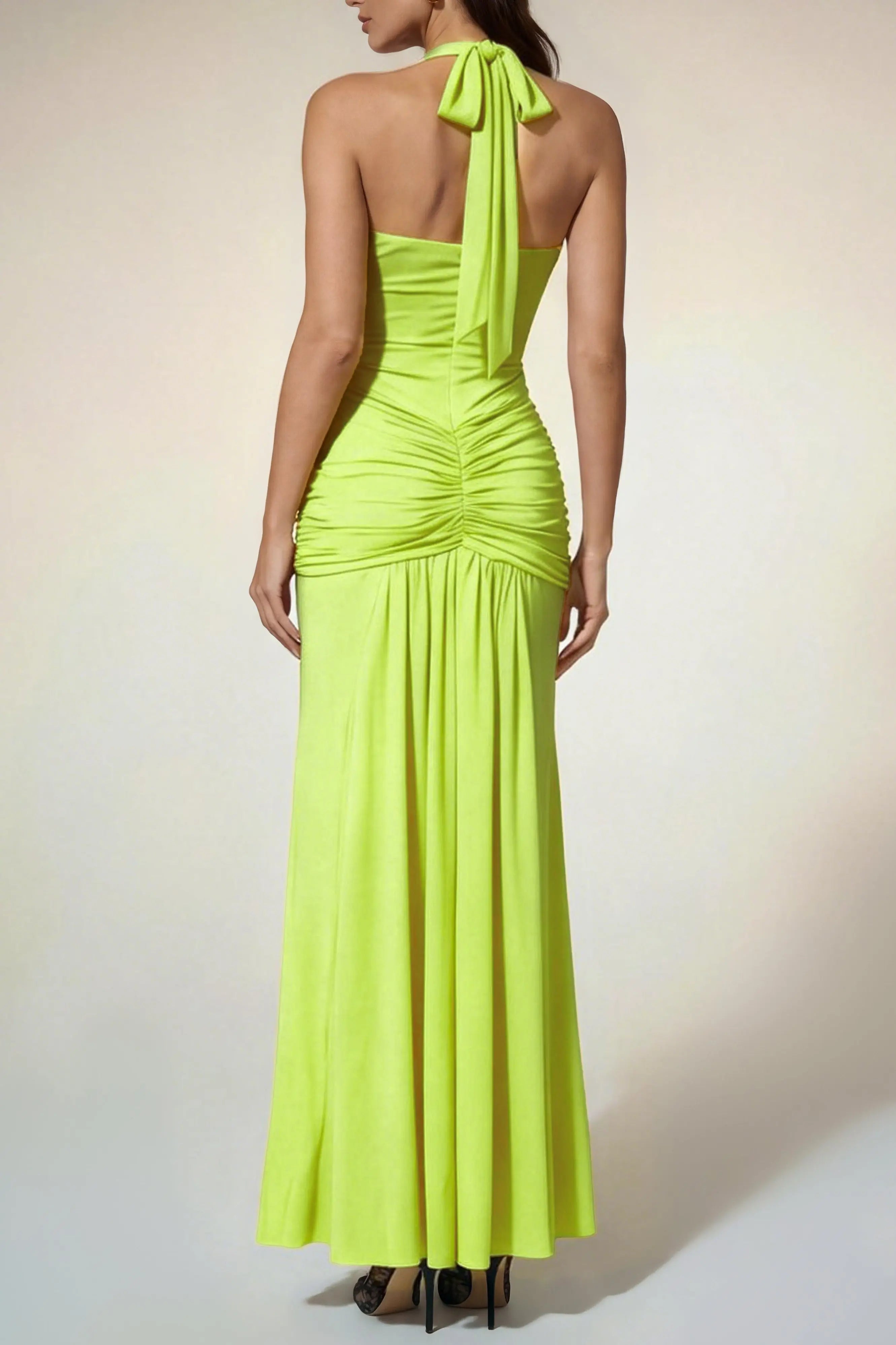 Alyshea Halterneck Ruched Maxi Dress In Neon Yellow Avalabel