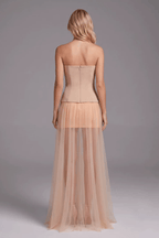 Yuki Strapless Rhinestone Grid Bodice Sheer Tulle Dress Avalabel