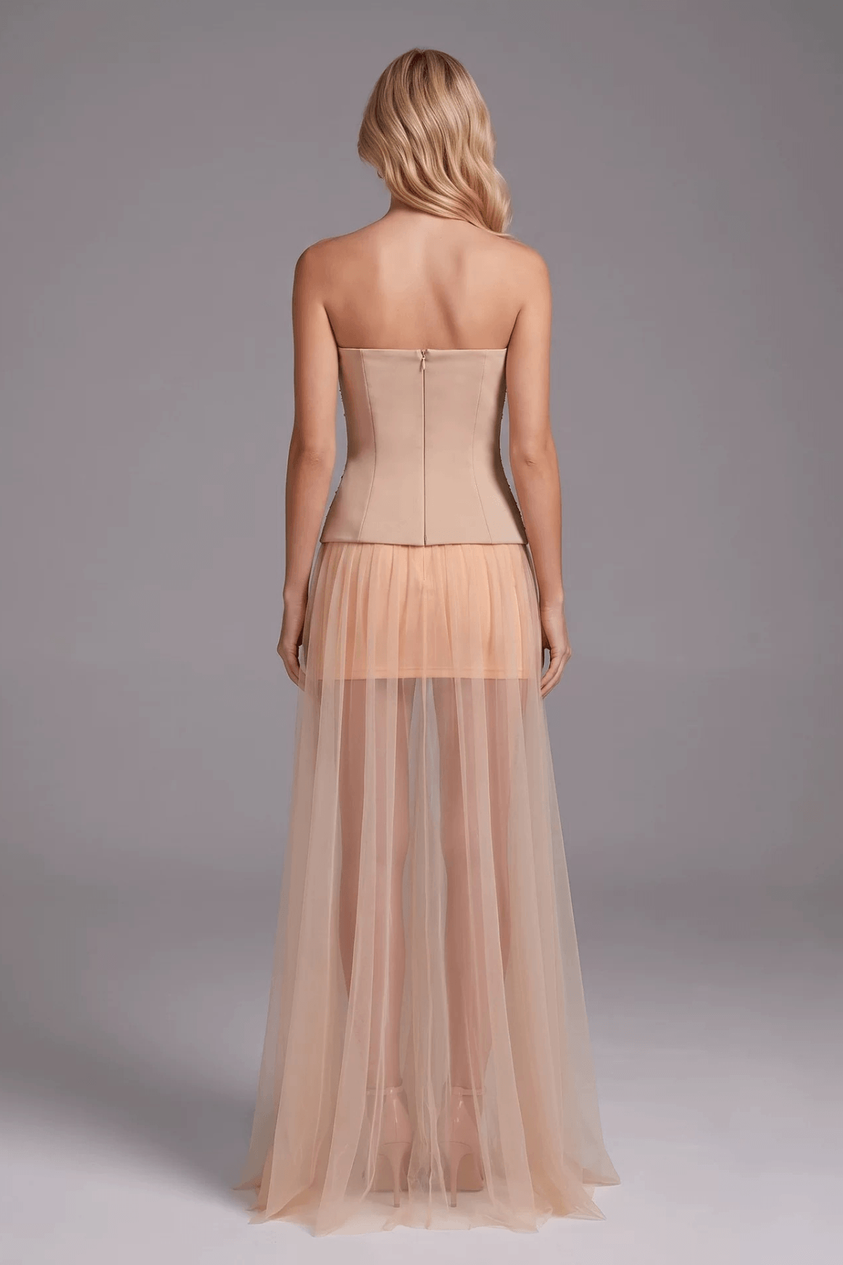Yuki Strapless Rhinestone Grid Bodice Sheer Tulle Dress Avalabel