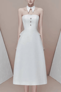 Eira White Strapless Rhinestone Button Textured Midi Dress Avalabel