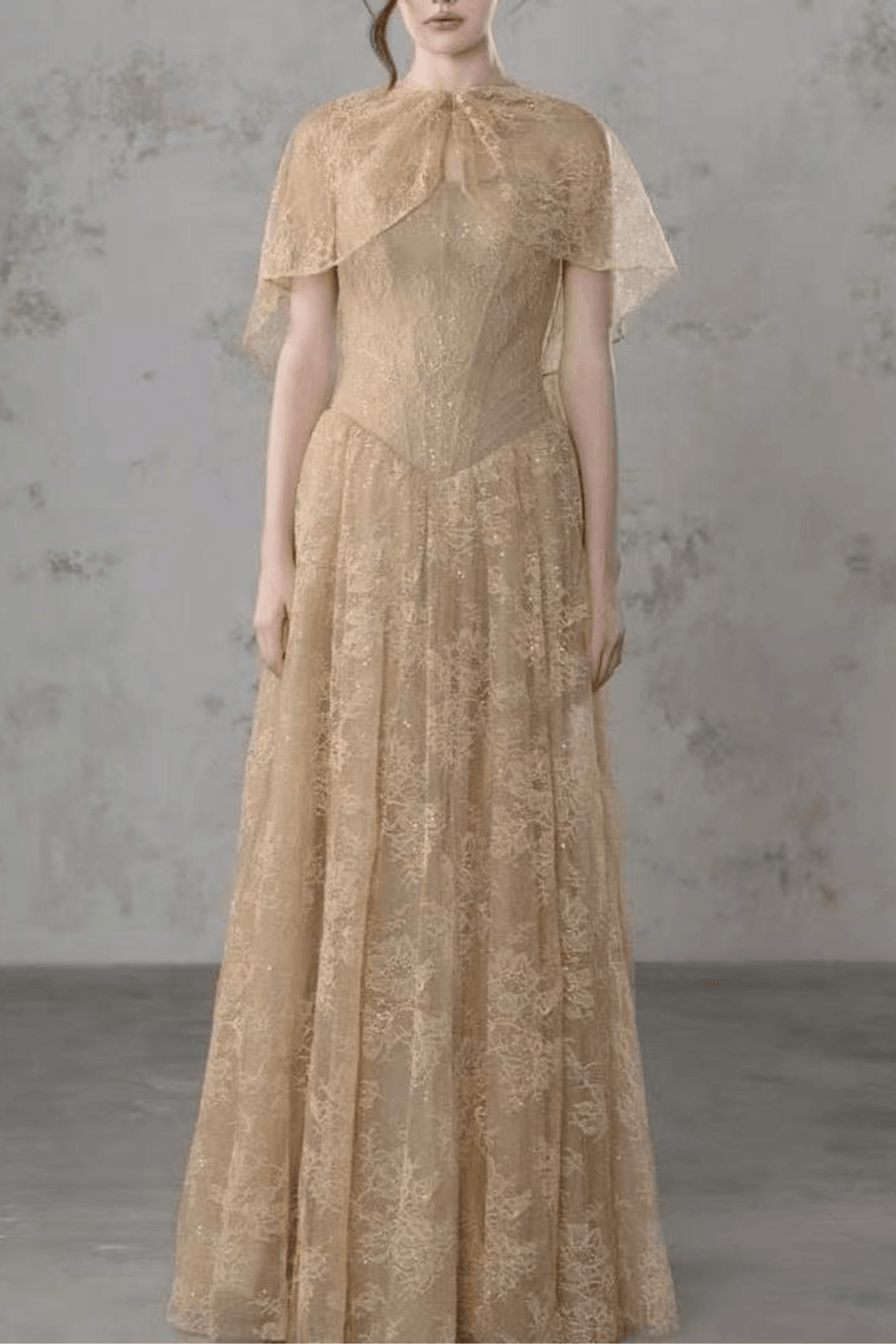 Azumi Cape Sleeve Gold Lace Maxi Dress Avalabel