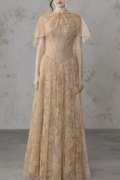 Azumi Cape Sleeve Gold Lace Maxi Dress Avalabel