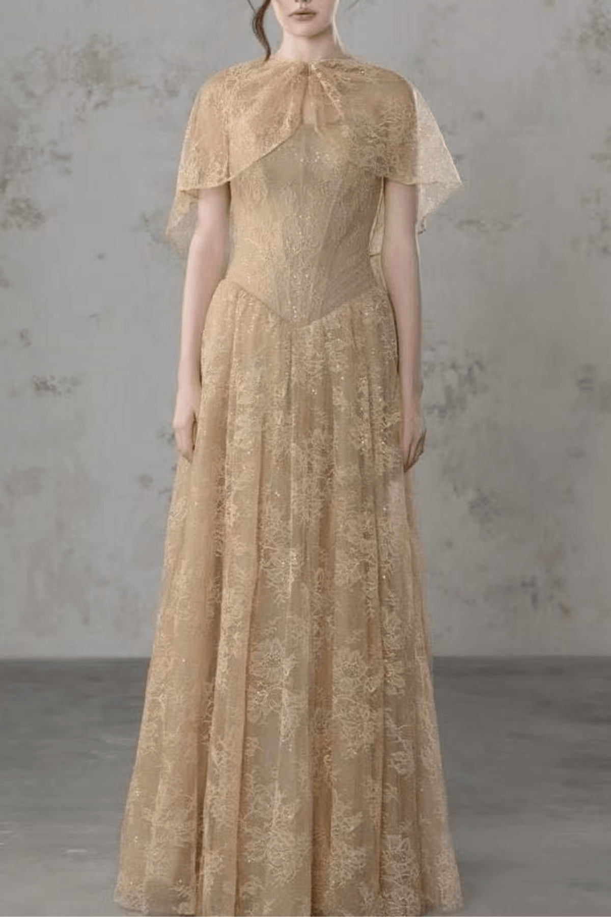 Azumi Cape Sleeve Gold Lace Maxi Dress Avalabel