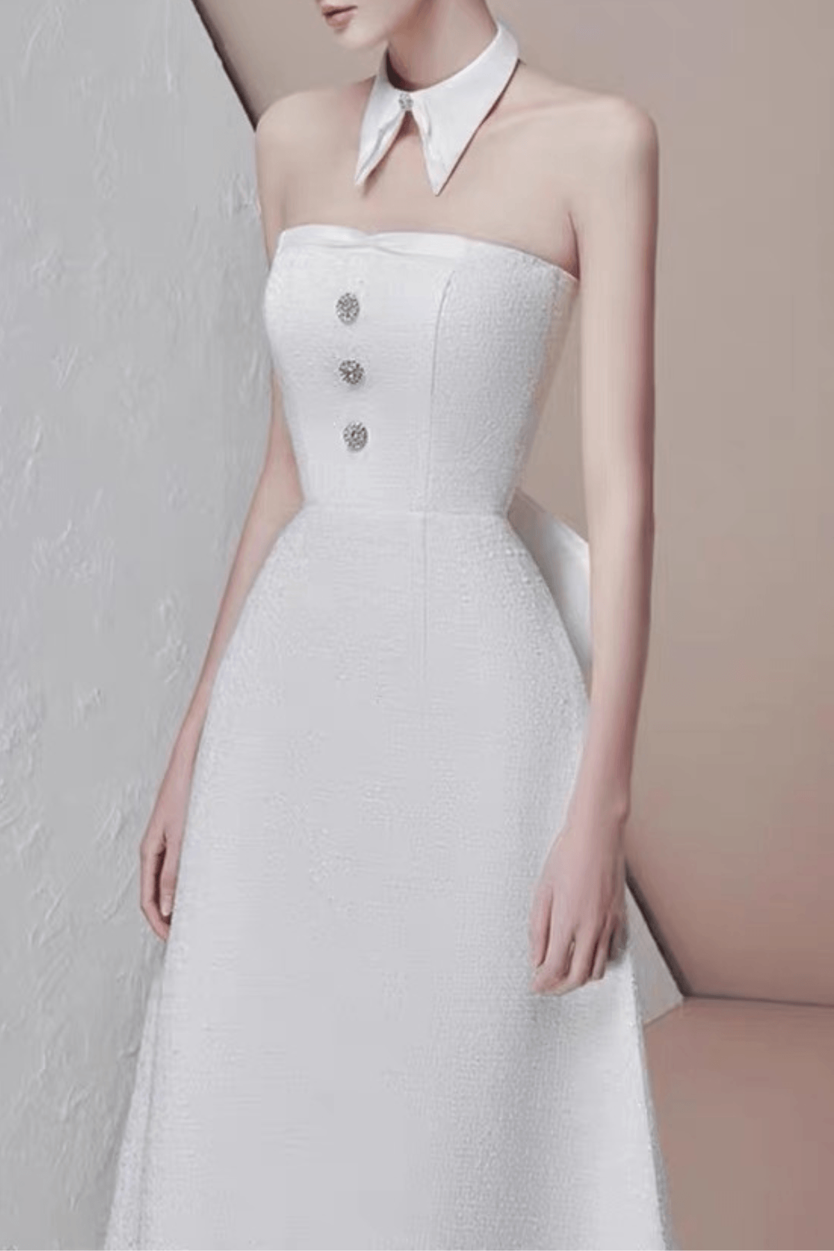 Eira White Strapless Rhinestone Button Textured Midi Dress Avalabel