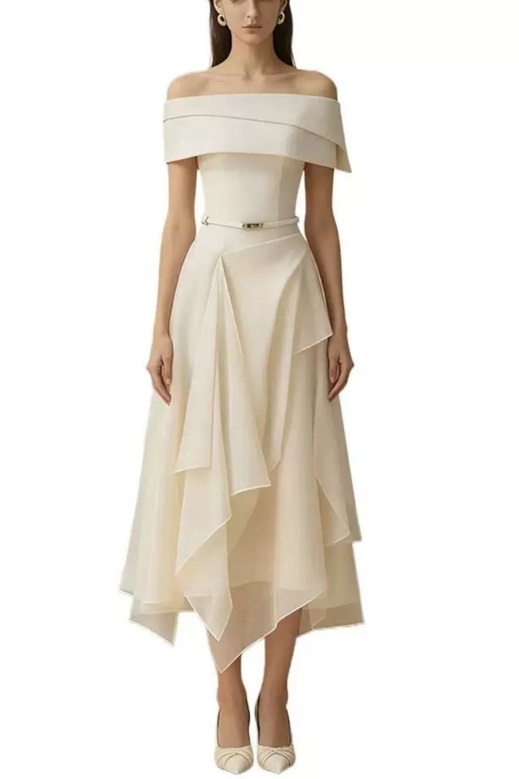 Sage Cream Asymmetrical Draped Off Shoulder Midi Gown Avalabel