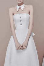Eira White Strapless Rhinestone Button Textured Midi Dress Avalabel