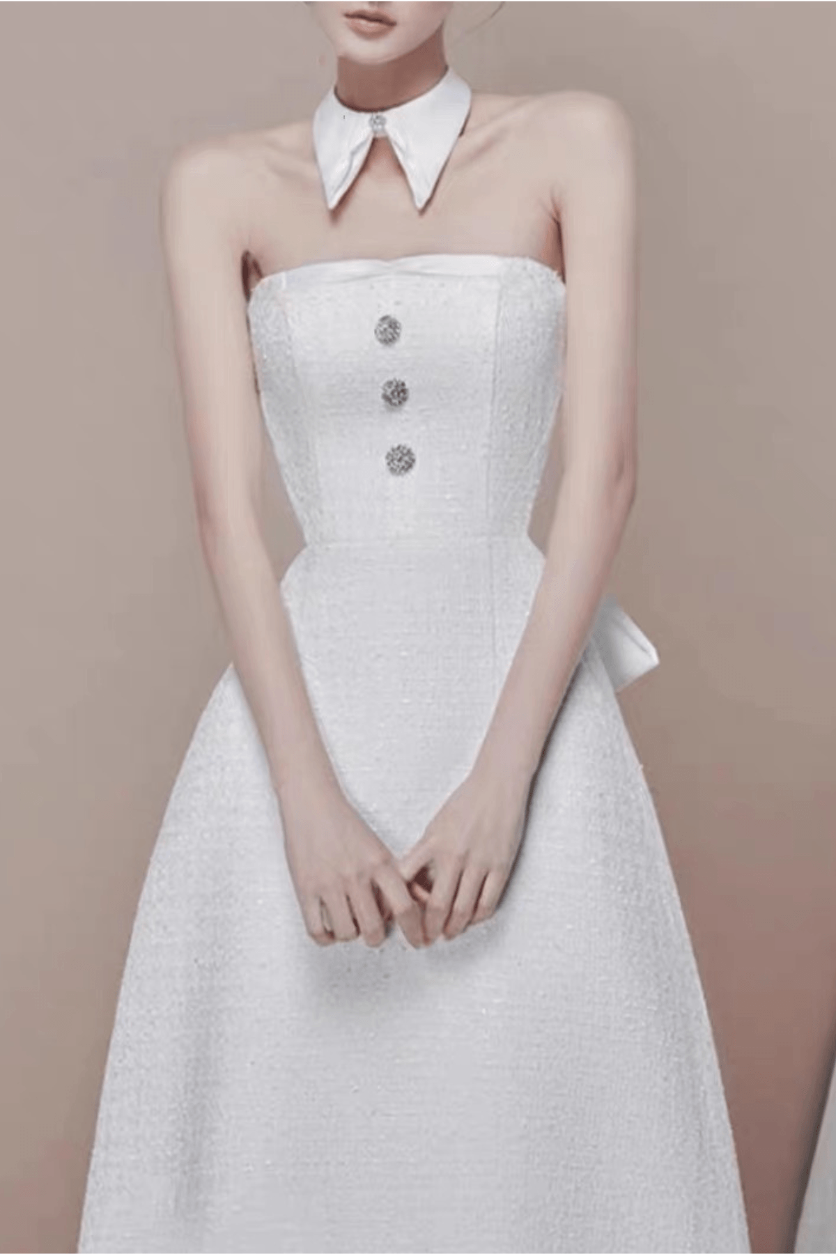 Eira White Strapless Rhinestone Button Textured Midi Dress Avalabel