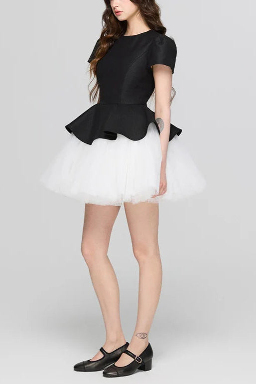 Two-Tone Velvet Ruffle Hem Puffy Mini Dress Avalabel