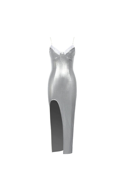 Strappy Split Midi Dress in Silver