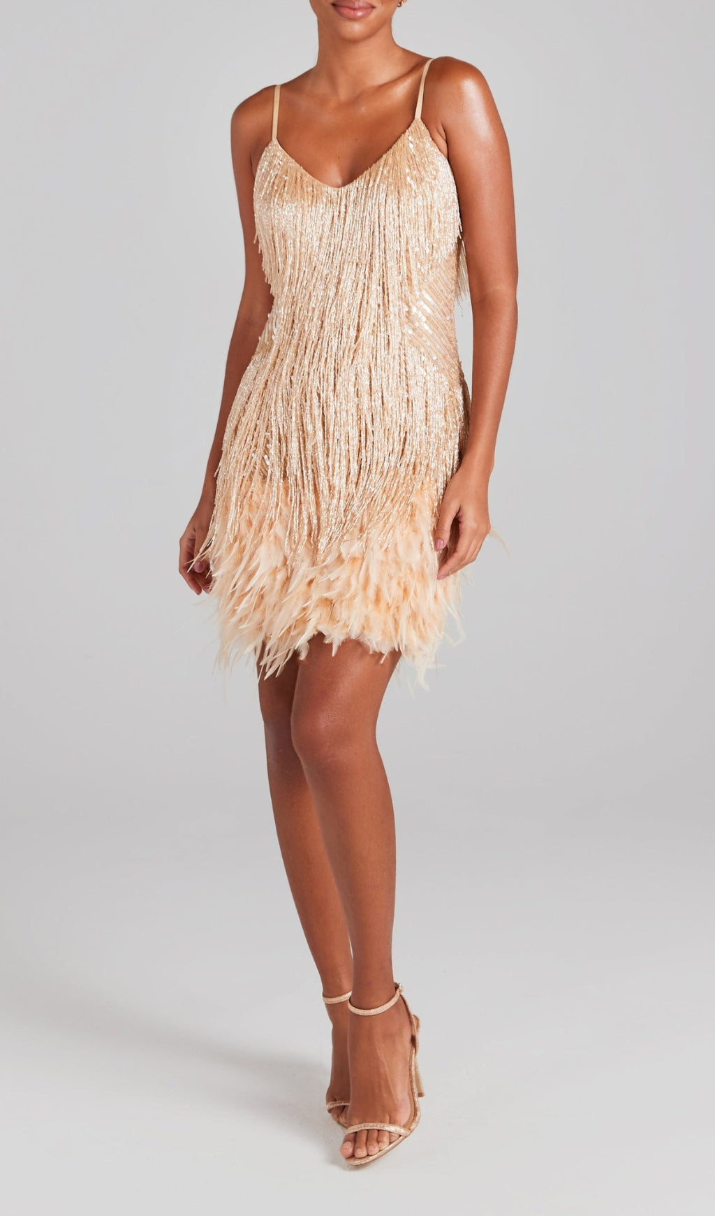 CHAMPAGNE TASSEL FEATHER MINI DRESS Avalabel