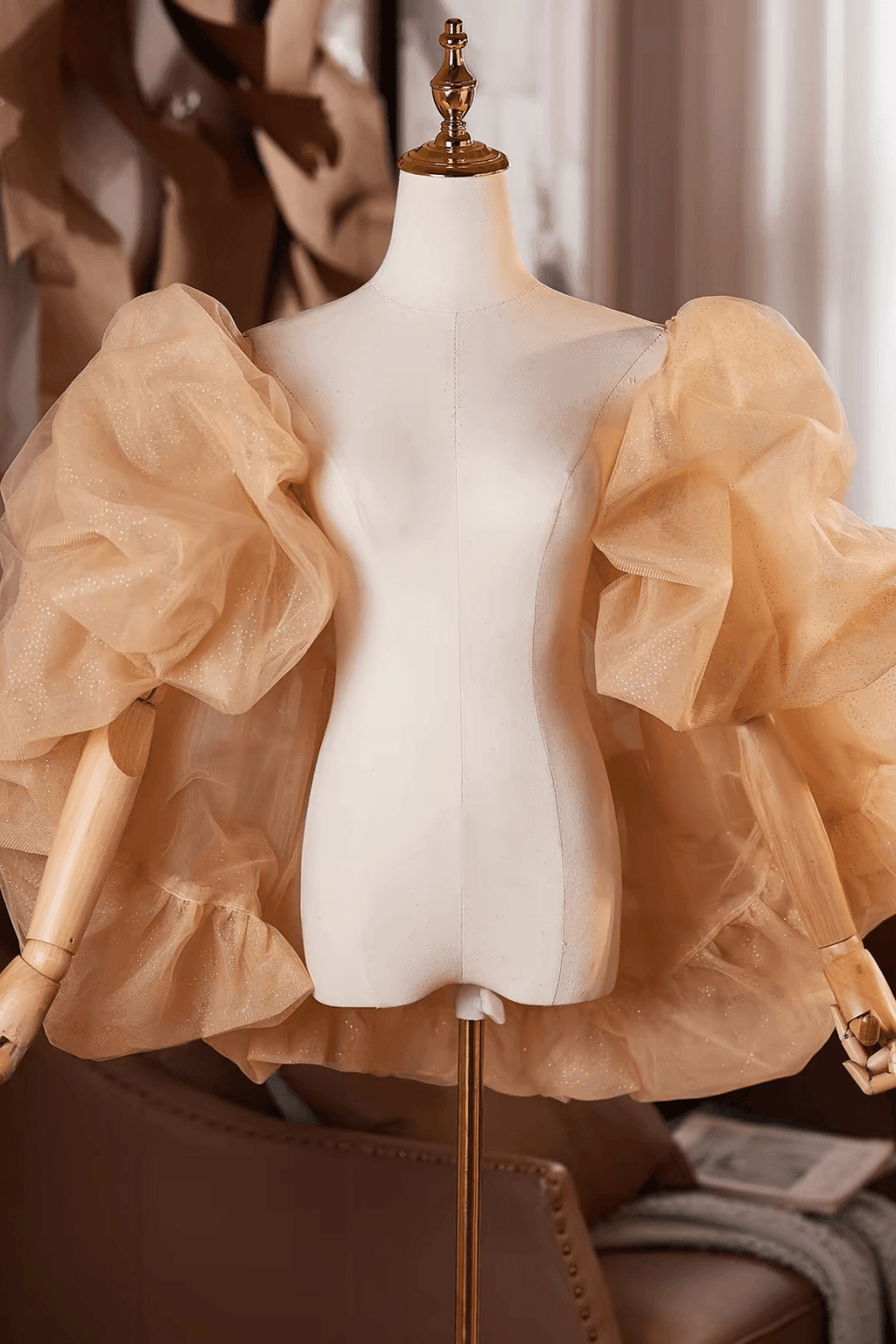 Champagne Glitter Tulle Puff Sleeve Evening Shawl Avalabel